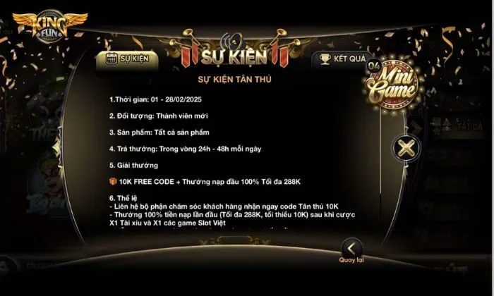 Khuyến mãi: Code tân thủ 10K, thưởng 100% nạp đầu Chi tiết khuyến mãi: Code tân thủ 10K, thưởng 100% nạp đầu