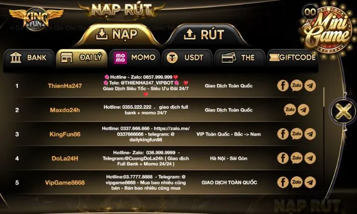 nạp tiền Kingfun Các hình thức hỗ trợ nạp tiền Kingfun